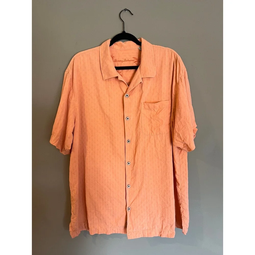Tommy Bahama Mens XL Silk Short Sleeve Button Down Shirt Peach Orange Tropical